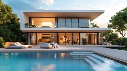 Modern villa with pool and deck with interior and exterior views : Generative AI