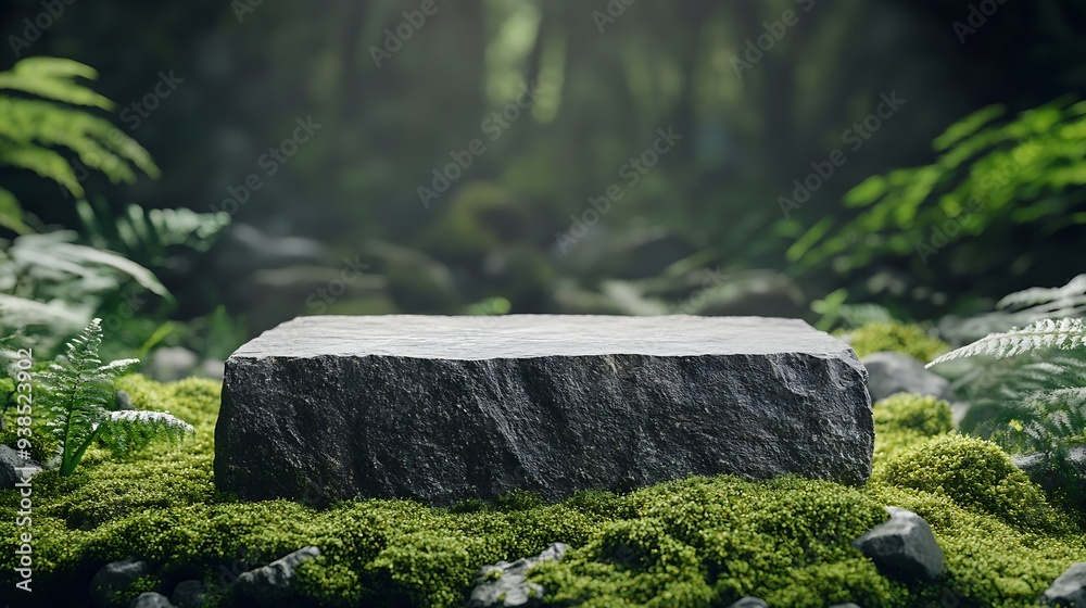 Poster stone podium above green moss Surface for design products mockup background Backdrop for displaying products cosmetics Perfume skin care eco friendly concept for backdrop mortgage : Generative AI
