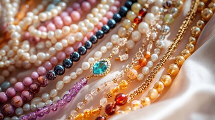 A collection of beaded necklaces with colorful gemstones, displayed on a soft, elegant background