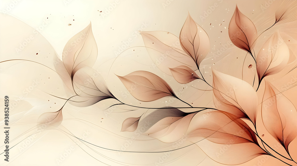 Wall mural Abstract floral pattern with delicate leaves and branches on a soft cream background.