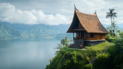 Obraz premium Traditional house on top of a hill on the edge of a lake Batak Traditional House on the shores of Lake Toba : Generative AI