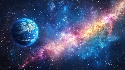 Obraz premium A cosmic scene with Earth, a vibrant galaxy, and countless stars stretching across the universe
