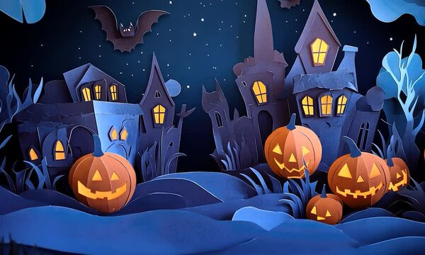 2D cartoon style Halloween backdrop featuring handmade paper cutouts on a dark background Ideal for Halloween cards and decorations showcasing paper craft artistry