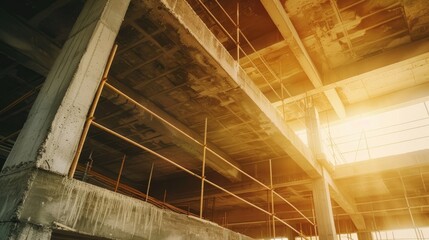 Obraz premium Reinforced concrete ceiling formwork with wire mesh for seismic stability.