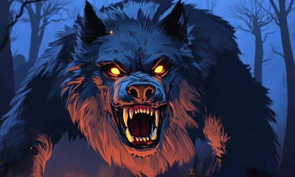 2D cartoon style handcrafted depiction of a werewolf