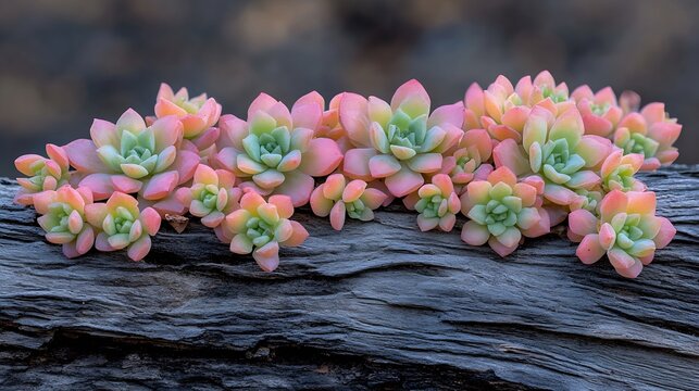 Closeup of a Burros Tail Sedum morganianum succulent draping over a piece of weathered wood The pastel pink and green hues of the fleshy leaves create a captivating and serene natural : Generative AI - Powered by Adobe