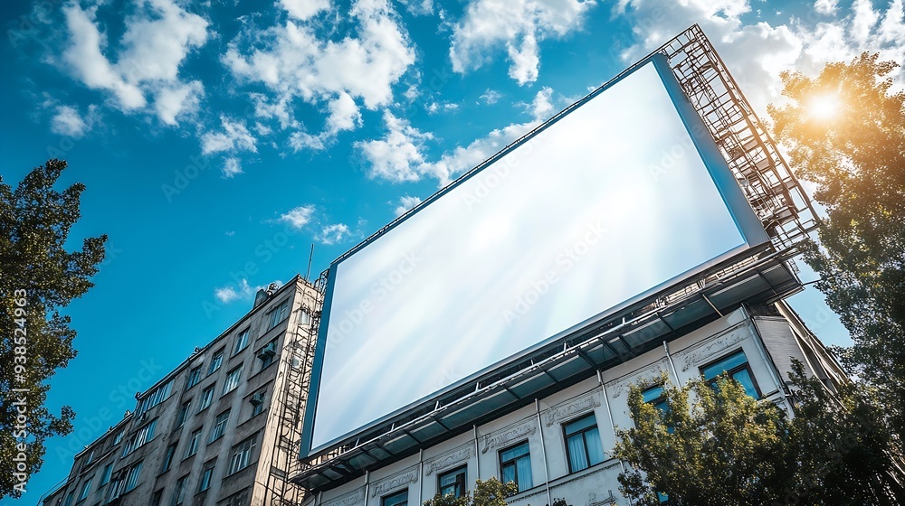 Poster large horizontal blank advertising poster billboard banner mockup in front of building in urban city