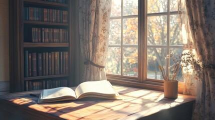Fototapeta premium A study scene with an open book on a wooden table, sunlight filtering through a nearby window