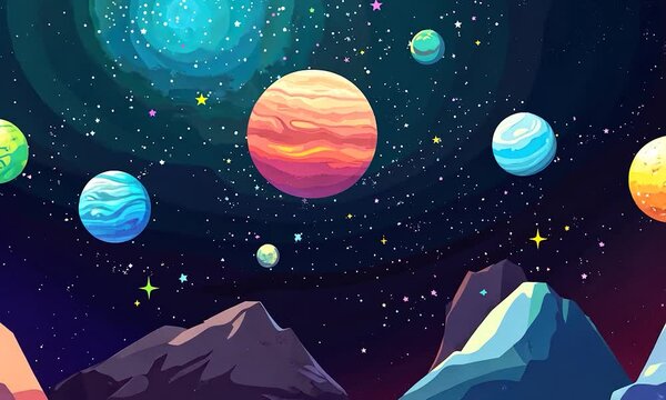 2D cartoon style illustration depicting deep interstellar space featuring stars planets and moons A creative sci fi backdrop suitable for children s space art themes