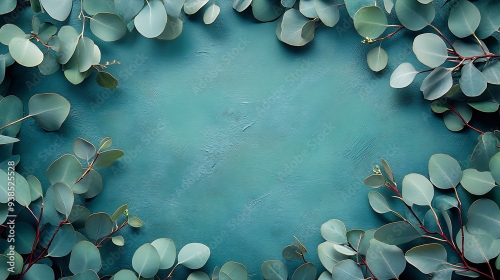 Poster Eucalyptus branch and leaves frame and creative layout on green background Top view flat lay Floral composition Design element Color card : Generative AI