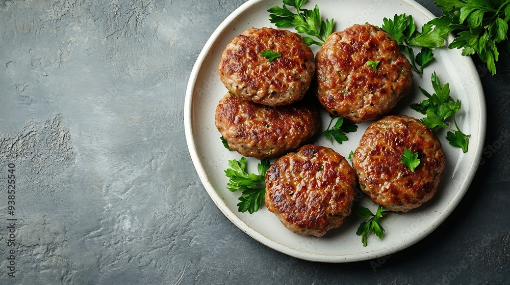Poster delicious minced pork and beef cutlets on plate over light background comfort food top view flat lay