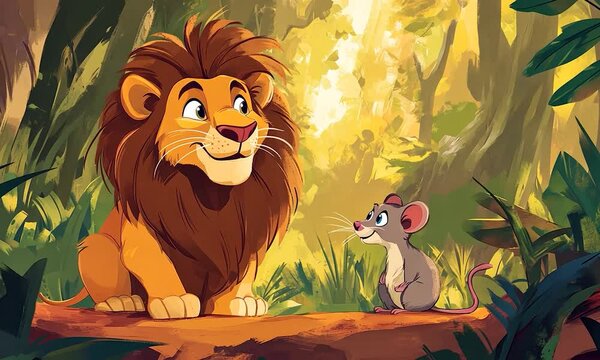 2D cartoon style illustration featuring a children s story about a lion and a rat