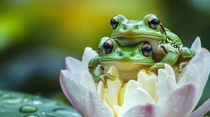 Two green frogs sitting on a flower