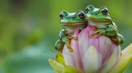 Two green frogs sitting on a flower