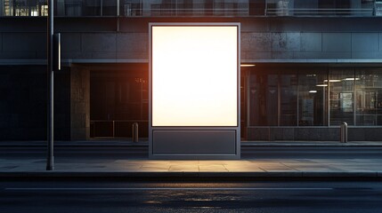 Blank white bus stop vertical billboard mockup positioned in front of an empty street, ideal for outdoor advertising, with a lightbox on the sidewalk.