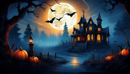 Halloween, night scene with full moon and bats flying above, haunted