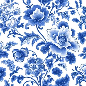 Blue and white porcelain pattern, featuring floral and leaf motifs ，A traditional hand-painted seamless pattern featuring the classic Dutch Delft blue and white color scheme.