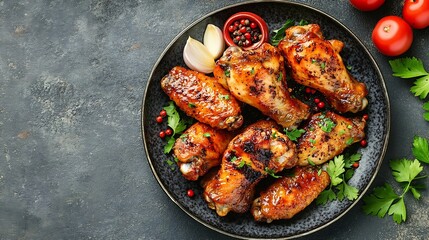 Air Fryer drummet chicken wing with garlic and pepper in a plateHealthy oilless cooking menuTop view : Generative AI