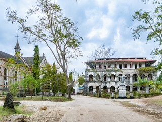 old ruins of historic houses from the 13th century near the ocean in Bagamoyo, Tanzania, the former...
