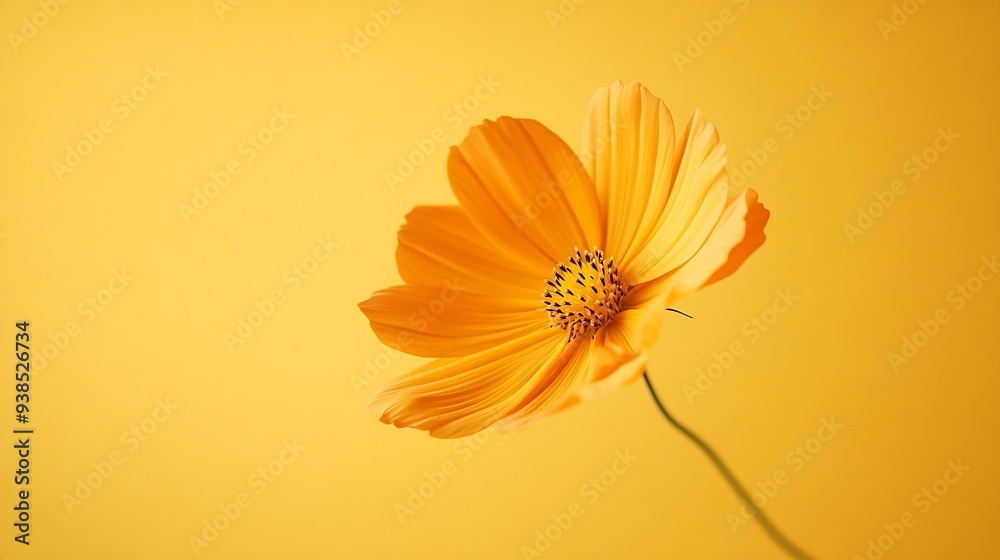 Poster beautiful orange cosmos flower falling in the air isolated on yellow background levitation or zero g