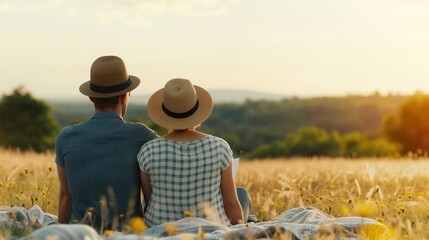 A peaceful moment between a couple, sitting in a field at sunset, surrounded by golden light and nature.