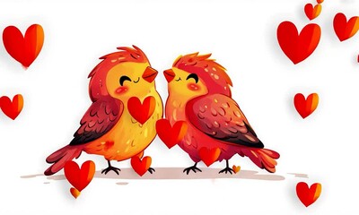 2D cartoon style illustration featuring two lovebirds surrounded by hearts Adorable design suitable for themes of love romance and family Isolated on a white background