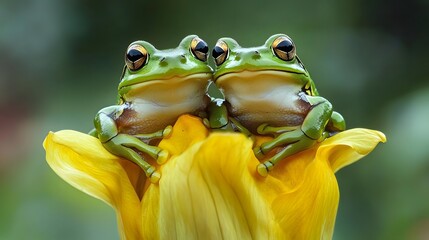 Two green frogs sitting on a flower