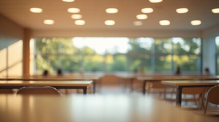 School classroom in blur background without young student Blurry view of class room no kid or teacher with chairs and tables in campus : Generative AI