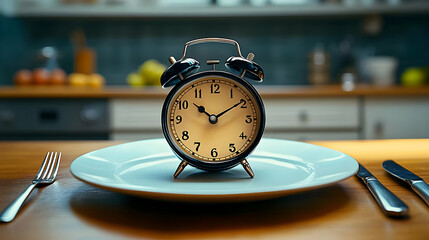 An alarm clock sits on an empty plate, with a fork and knife beside it.  The kitchen is in the background.