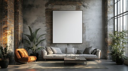 A living room with a white wall and a large empty frame