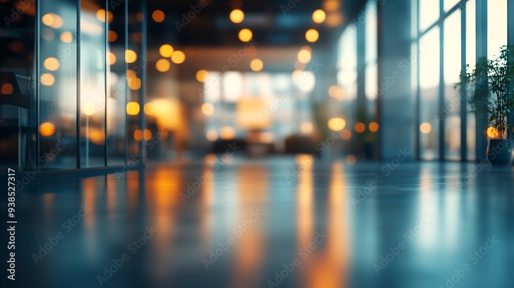 Poster Blurred empty open space office Abstract light bokeh at office interior background : Generative AI