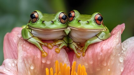 Two green frogs sitting on a flower
