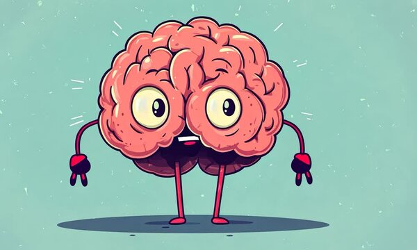 2D cartoon style illustration of a brain character with half of its head missing showcasing a whimsical design