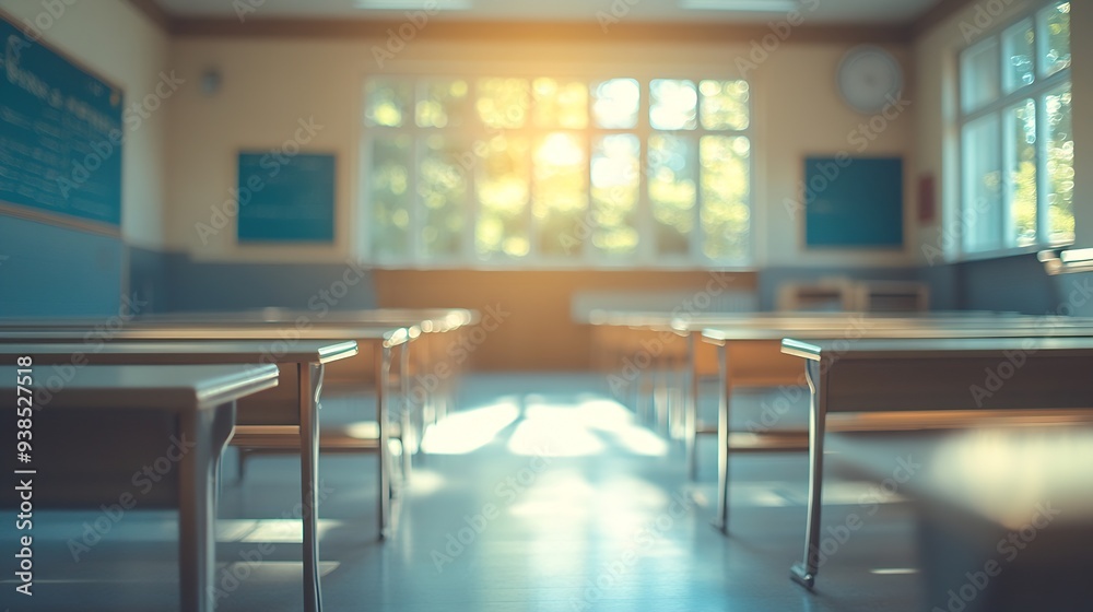 Poster blurred image of empty classroom use for background : generative ai