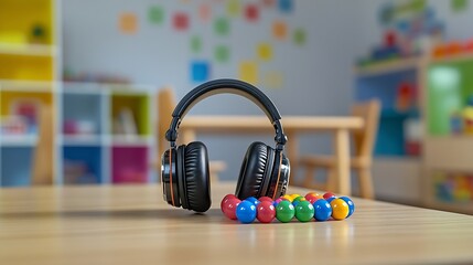 Ear Defenders Or Headphones And Fidget Toy To Help Child With ASD Or Autism On Table In School Classroom : Generative AI