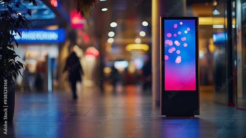 Poster Advertising digital screen on pillar in shopping mall Vertical OOH out of home poster display in retail environment Out of focus bokeh effect in background : Generative AI