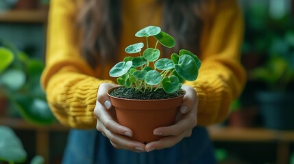 Caring woman plant lovers grows rare houseplants at home Decor shelf wide variety potted plants Interested female holds Pilea sprout in small pot Hobby concept : Generative AI