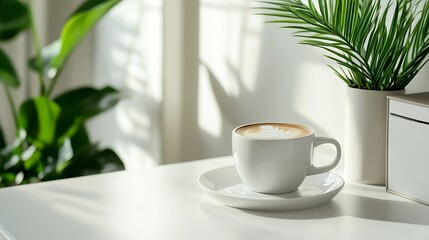 Obraz premium Comfortable workplace with coffee stationery and houseplant on white table Home office copy space : Generative AI