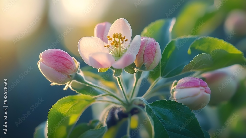 Poster apple flower buds in bloom signaling the arrival of spring the apple tree blossoms with the beauty o