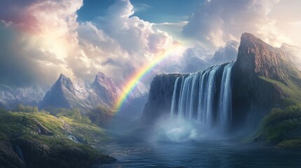 Majestic Waterfall and Rainbow Landscape