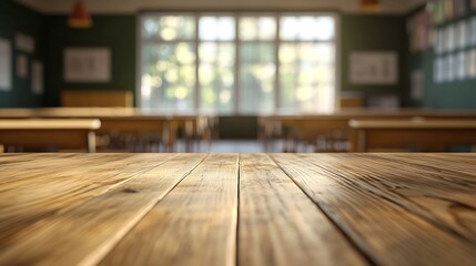 Wooden board empty table background On the blurred background of the empty classroom : Generative AI