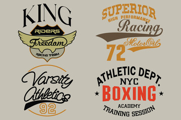 Sport wear typography emblem collection, T-shirt stamp graphic set, skate vintage tee print, athletic apparel design graphic print. Vintage Print for sportswear apparel, Athletic sport labels typograp