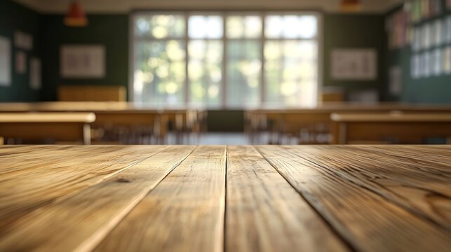 Wooden board empty table background On the blurred background of the empty classroom : Generative AI