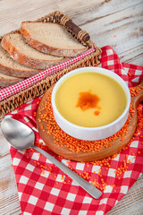 Turkish cuisine Lentil soup, melted butter and red pepper sauce. Served with bread and lemon. Local...