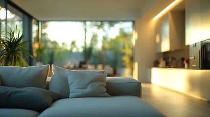 Fototapeta premium Blurred view of light living room with sofas : Generative AI