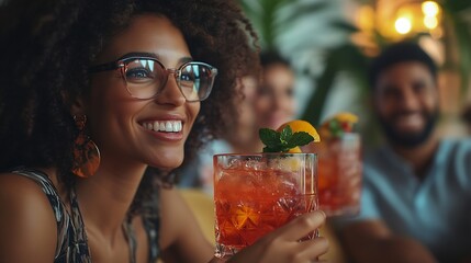 Multiethnic friends drinking cocktails on the sofa at a party decorated home : Generative AI