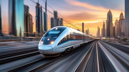 High-Speed Train Zooming Through Modern Cityscape at Sunset