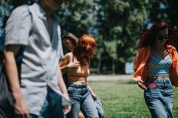 Group of young adults having fun together in a sunny park. Friends enjoying leisure time outdoors, walking and socializing in a green, natural setting.