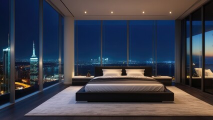 penthouse bedroom at night, dark gloomy, A room with a view of the city from the bed