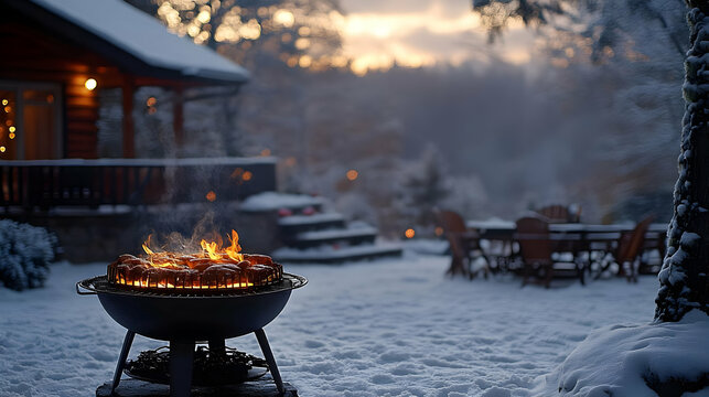 Charcoal grill with flame and food on snowy winter day.